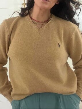 Vintage Polo Ralph Lauren Camel V Neck Sweater Wool Blend Men's L Oversized